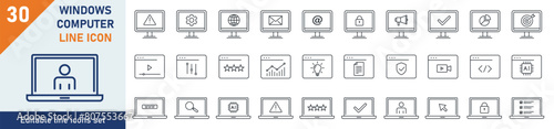 Window icons Pixel perfect. Window computer icon set. Set of 30 outline icons related to window computer, design, www, interface. Linear icon collection. Editable stroke. Vector illustration.