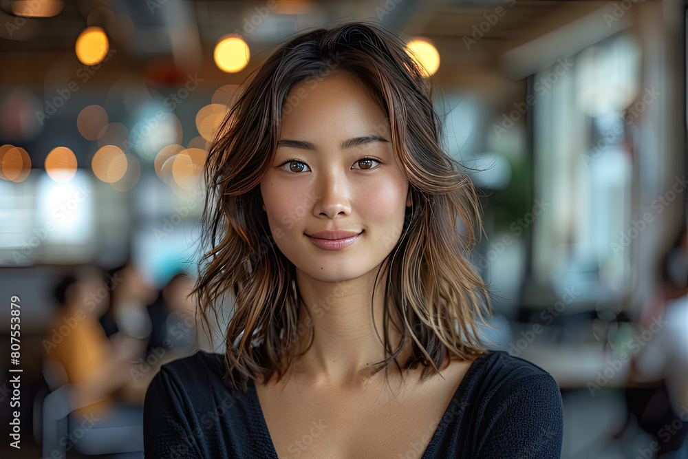 A portrait of an Asian woman with shoulder-length hair, wearing a black top and smiling at the camera in front of a blurred background restaurant. Created with Ai