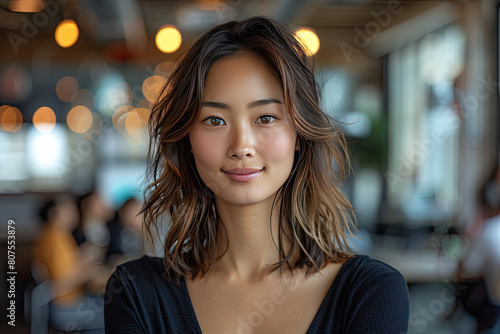 A portrait of an Asian woman with shoulder-length hair  wearing a black top and smiling at the camera in front of a blurred background restaurant. Created with Ai