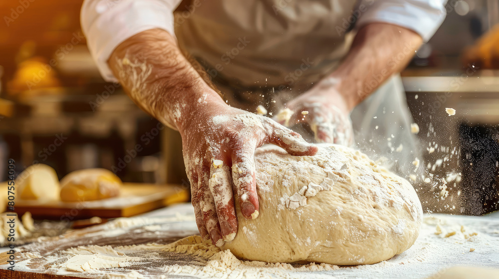 Chef Making Bakery Dough, Working the Dough with Flour Chef Making Bakery Dough, Working the Dough with Flour