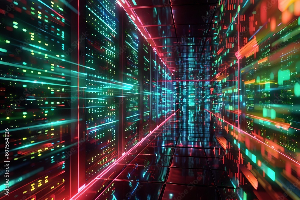 Immersive view inside a virtual reality data space, showing an abstract representation of a digital data center