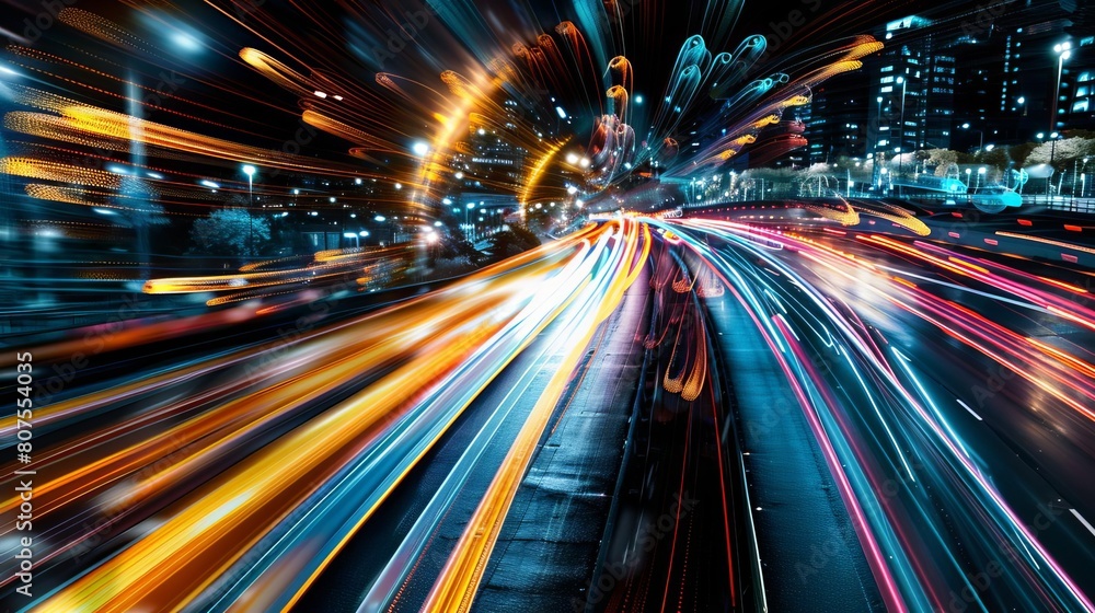 Intense flow of digital information represented by light trails, symbolizing the speed and movement of data Intense flow of digital information represented by light trails, symbolizing the speed and movement of data