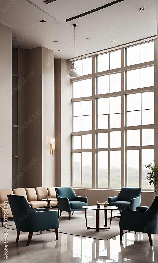 Fototapeta premium Company lobby interior with neatly arranged armchairs, coffee table, windows. Walls, outside view through windows