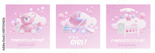 Congratulations, It's a girl Baby shower 3d vector posters set, cartoon cute design newborn care accessories and toys
