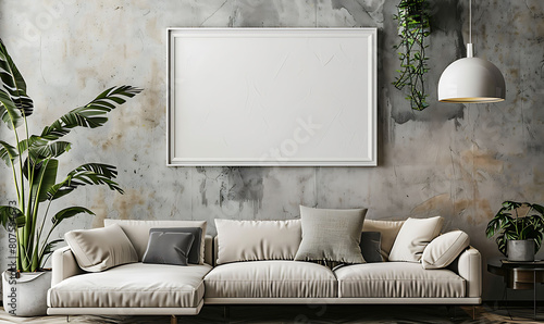 a living room with understated elegance uses a white frame mockup as the focal point of the room decoration photo