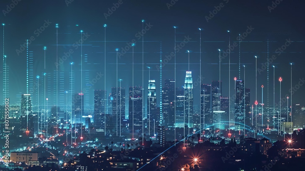 Nighttime view of a cityscape with digital growth graph overlay