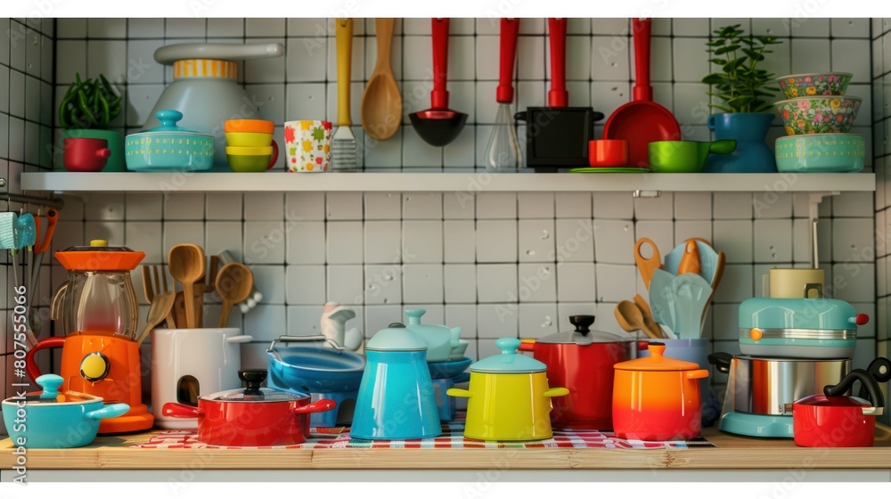Fototapeta premium toy kitchen filled with miniature appliances, pots, and pans, ready for a child's culinary adventures. 