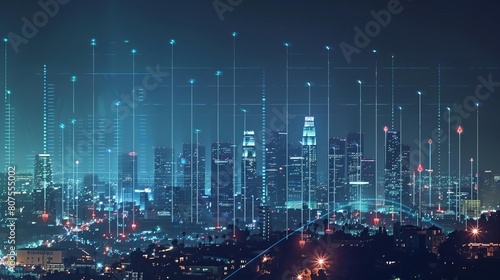 Nighttime view of a cityscape with digital growth graph overlay