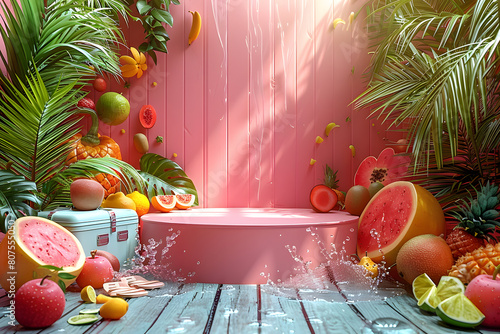 .Empty stylish podium 3D mockup background for beauty product presentation concept. Summer copy space platform surrounded by palm leaves . Cosmetics, perfume or home goods sales advertising stand.