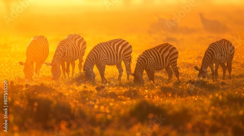 A serene scene of zebras grazing on the golden savannah as the sun sets  casting a warm glow over the landscape.