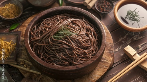  traditional Japanese soba noodle dish, featuring dark buckwheat noodles served in a wooden bowl with dipping sauce and chopsticks. 