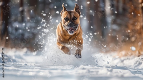 A strong and energetic dog charges directly towards the camera through a snowy forest, sending snow flying around. photo