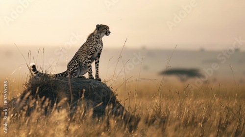 A solitary cheetah sits atop a small mound, surveying the vast savanna landscape bathed in the soft glow of the setting sun.