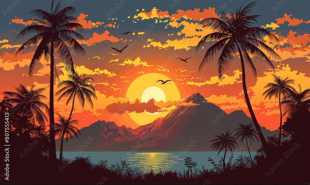 Tropical sunset with silhouetted palm trees and flying birds over a serene ocean, ideal for travel and nature themes