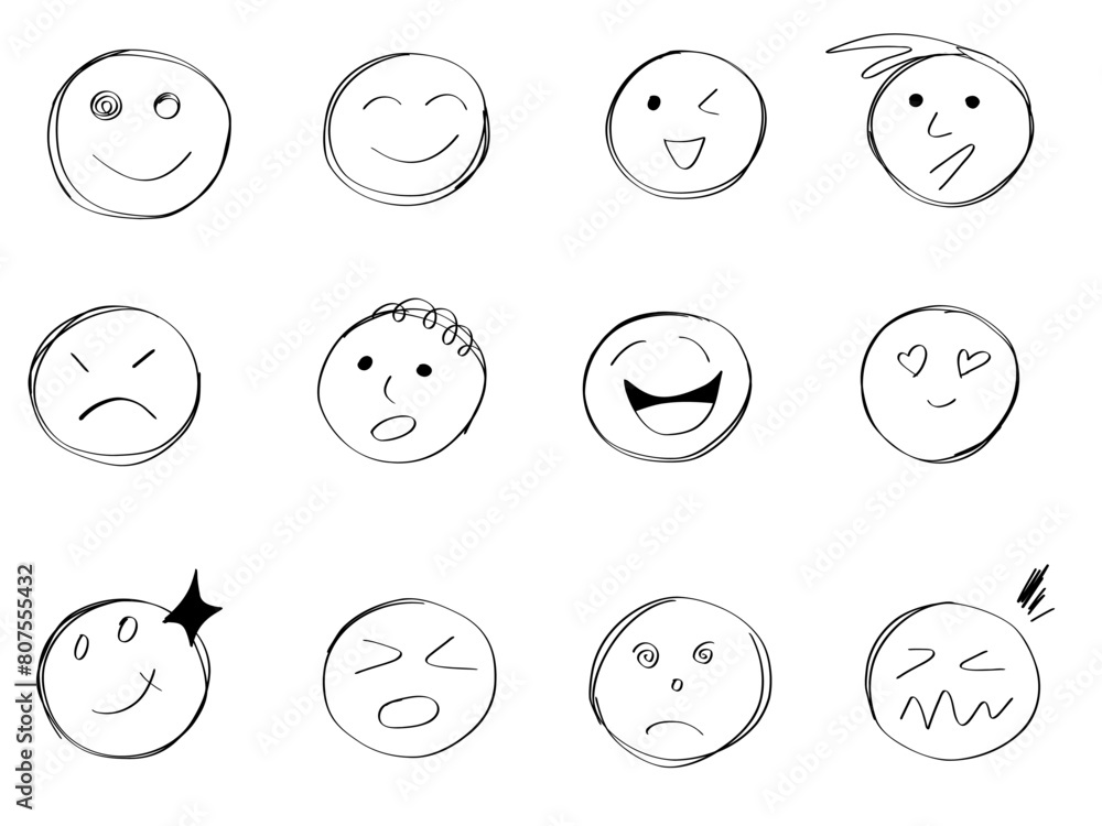 set of smileys with faces, hand drawn ,doodle, white background set of smileys with faces, hand drawn ,doodle, white background