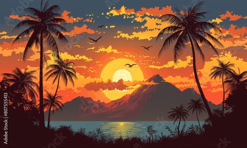 Tropical sunset with silhouetted palm trees and flying birds over a serene ocean  ideal for travel and nature themes