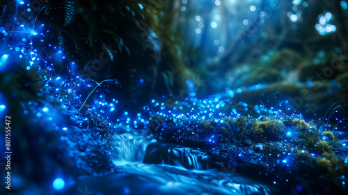 Mystical fairy glen illuminated by bioluminescent plants, macro