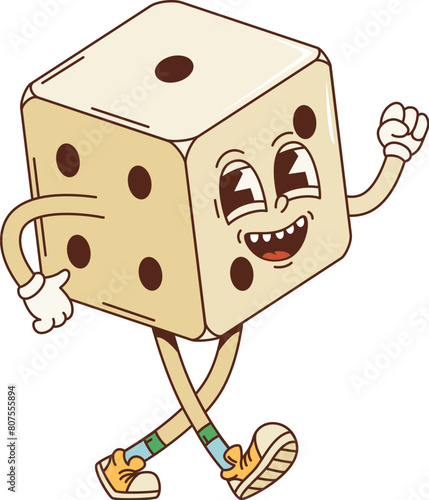 Groovy cartoon casino gambling dice retro character with face, vector comic. Groovy funny dice with funky freaky smile in hipster shoes, 70s hippie art cartoon character of Vegas casino gamble game