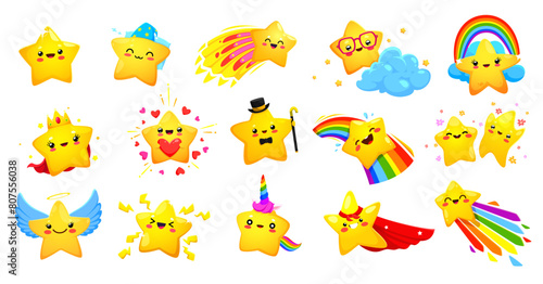 Cartoon cute cheerful kawaii stars and happy twinkle characters, vector funny face personages. Twinkle star on rainbow, angel or unicorn and superhero and princess for kids emoji or kawaii emoticon