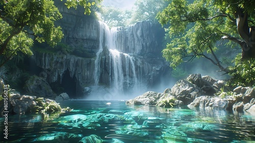 An enchanting landscape showcasing a stunning waterfall cascading down rocky cliffs into a crystal-clear pool below