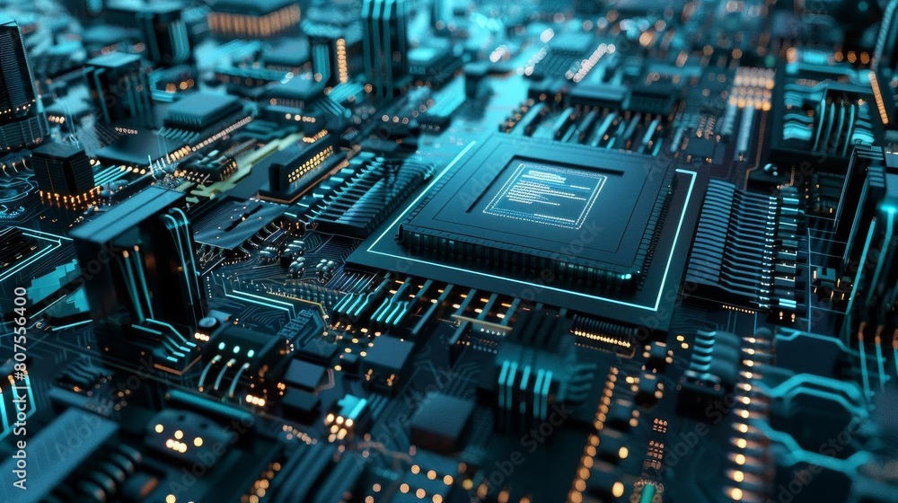 Visual representation of a futuristic tech environment with a central processing unit Visual representation of a futuristic tech environment with a central processing unit