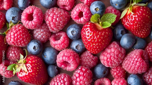 A variety of colorful berries, including strawberries, raspberries, and blueberries, closely arranged together to emphasize freshness, natural sweetness, and healthy snacking