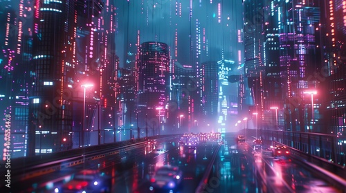 Visualization of data traffic in a digital city  with neon lights representing the flow of information