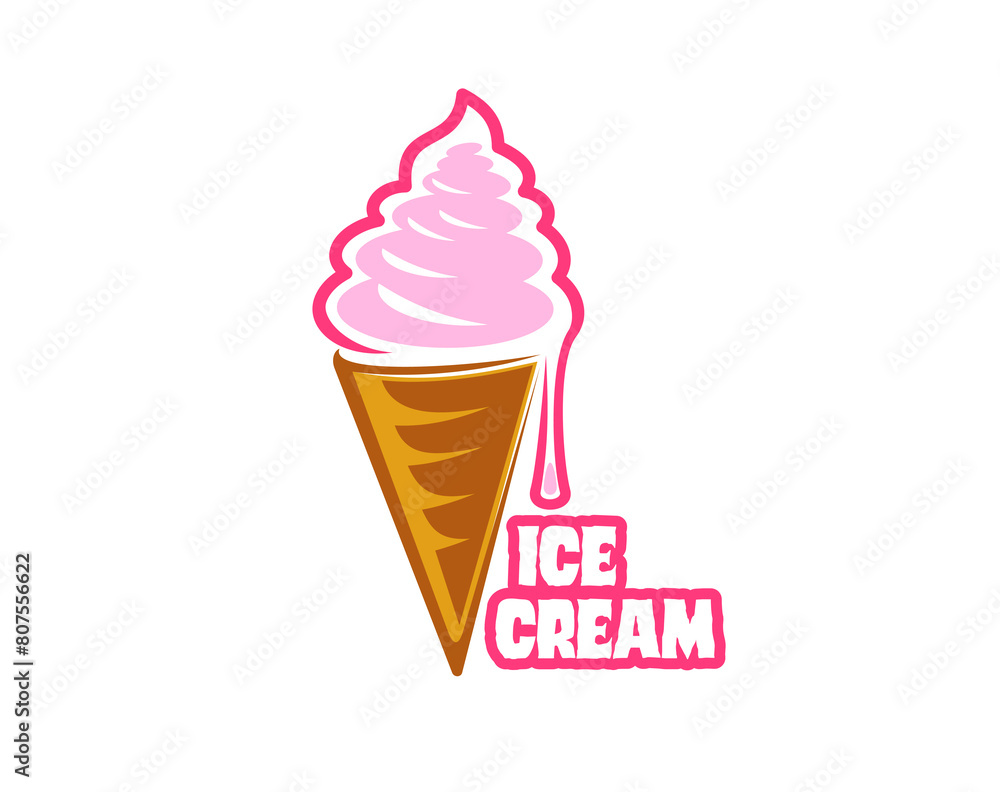 Gelato dessert, strawberry ice cream in wafer cone, vector emblem for gelateria. Pink soft ice cream in wafer cone with berry syrup drops flow and text letters sign for Italian gelato or icecream menu Gelato dessert, strawberry ice cream in wafer cone, vector emblem for gelateria. Pink soft ice cream in wafer cone with berry syrup drops flow and text letters sign for Italian gelato or icecream menu