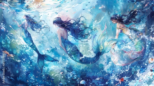 mermaid melody, with her long hair flowing, swims in the ocean surrounded by a variety of colorful fish, including orange, white, and blue varieties