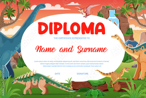 Kids diploma, Jurassic era funny cartoon dinosaurs, funny reptiles and dino characters at prehistoric landscape. Vector recognition certificate template, award frame, praise for paleontology course