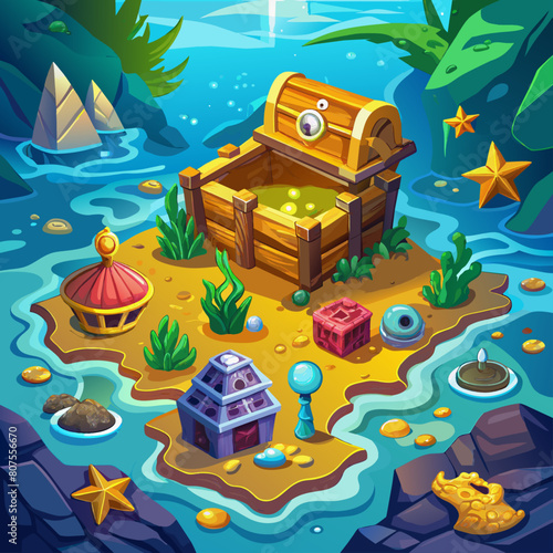 pirate ship and treasure  Radiant underwater treasure maps for adventure or gaming backgrounds.