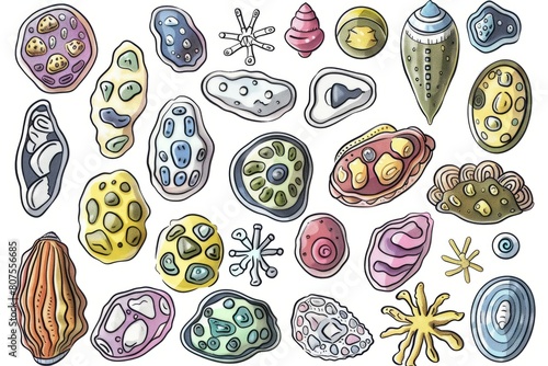 Cartoon cute doodles of microscopic foraminifera building intricate calcium carbonate shells, each with its own unique shape and, Generative AI photo