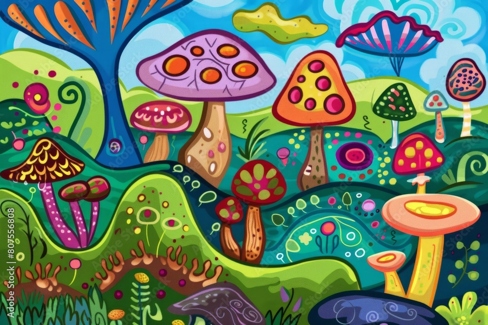 Cartoon cute doodles of microscopic fungi forming a vibrant community, with colorful caps and whimsical shapes dotting the landscape, Generative AI Cartoon cute doodles of microscopic fungi forming a vibrant community, with colorful caps and whimsical shapes dotting the landscape, Generative AI