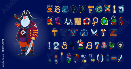 Cartoon pirate and corsair font, filibuster typeface, piracy type, fairytale english alphabet. Vector typography font letters and numbers, pirate captain character, piracy flag, skull and crossbones