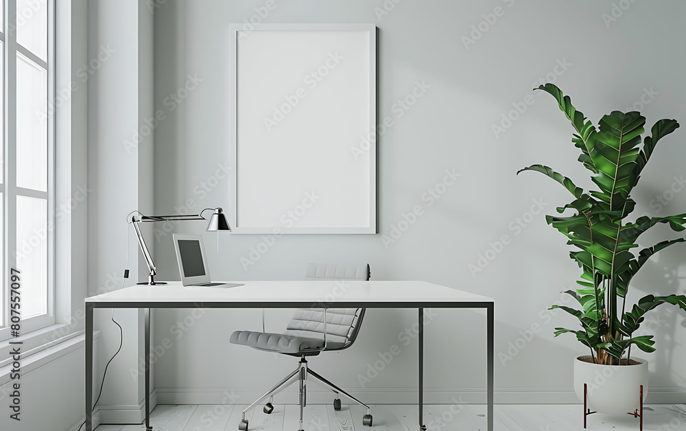 ambiance of your office space with a white frame mockup, exuding professionalism and sophistication in the decor ambiance of your office space with a white frame mockup, exuding professionalism and sophistication in the decor