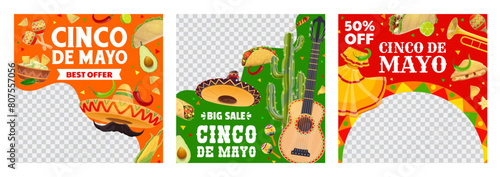 Sale offer banners, Cinco de mayo Mexican holiday big and special sale, social media post templates. Vector square Mexico frames with traditional dress, sombrero, guitar, peppers and tex mex food
