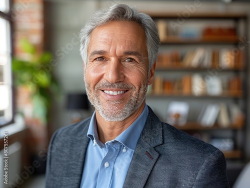 Smiling Man With Grey Hair in Blue Shirt