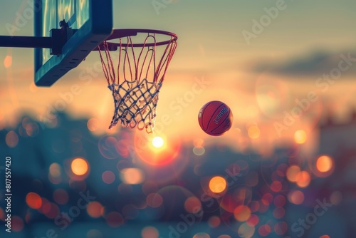 A basketball is flying towards the hoop with a blurred city background in the sunset light.