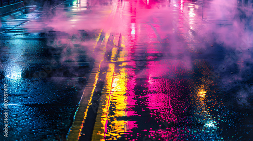 A street with a lot of smoke and water. The water is reflecting the lights of the city photo