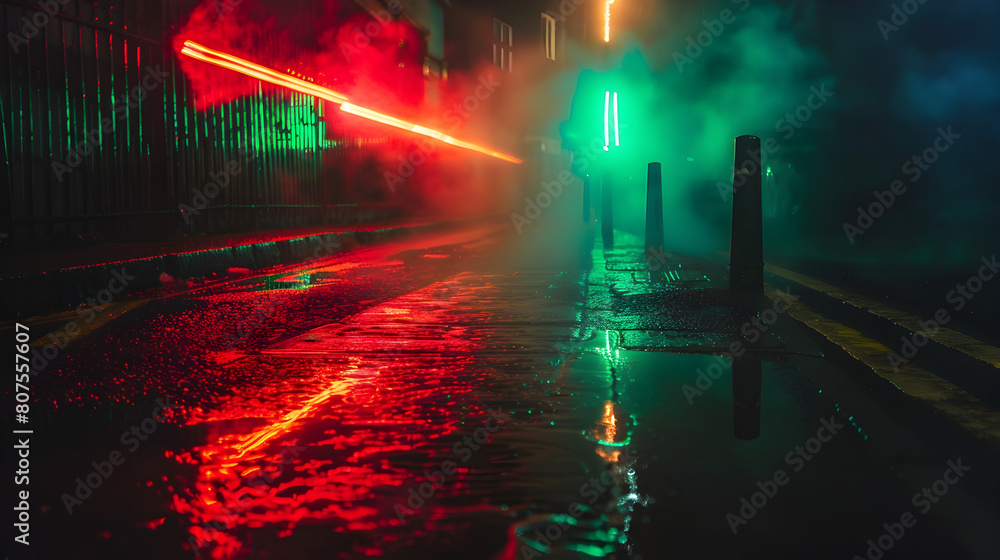 A street scene with a red and green light show and a person in the background. The scene is set in the rain and the lights are reflecting on the wet pavement