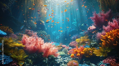 underwater world teeming with an array of colorful fish darting among swaying seaweed  photo