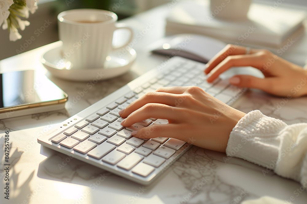 Close-up of a young women hands typing on a white keyboard with a fresh cup of coffee nearby. Close-up of a young women hands typing on a white keyboard with a fresh cup of coffee nearby.