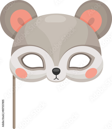 Mouse animal carnival party mask. Festival or birthday costume, playful decorative face covering with ears, nose and eye holes. Isolated vector whimsical rodent head on stick for festive celebrations