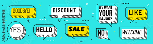 Memphis speech bubbles isolated vector set. White and yellow dialog clouds with thick outlines and typography goodbye, yes, hello and discount or sale, we want your feedback, no, like and welcome
