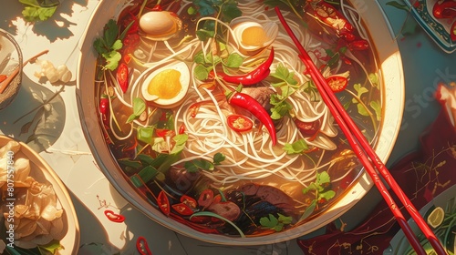  tantalizing close-up of a bowl of pho, featuring thin rice noodles immersed in a fragrant beef broth, garnished with fresh herbs and chili peppers.