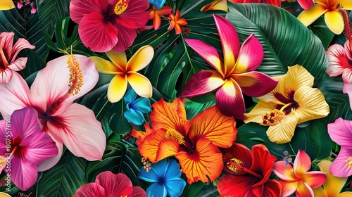 Wallpaper Mural  vibrant mosaic of tropical flowers bursting with color, perfect for a bold and eye-catching tile design.,   Torontodigital.ca