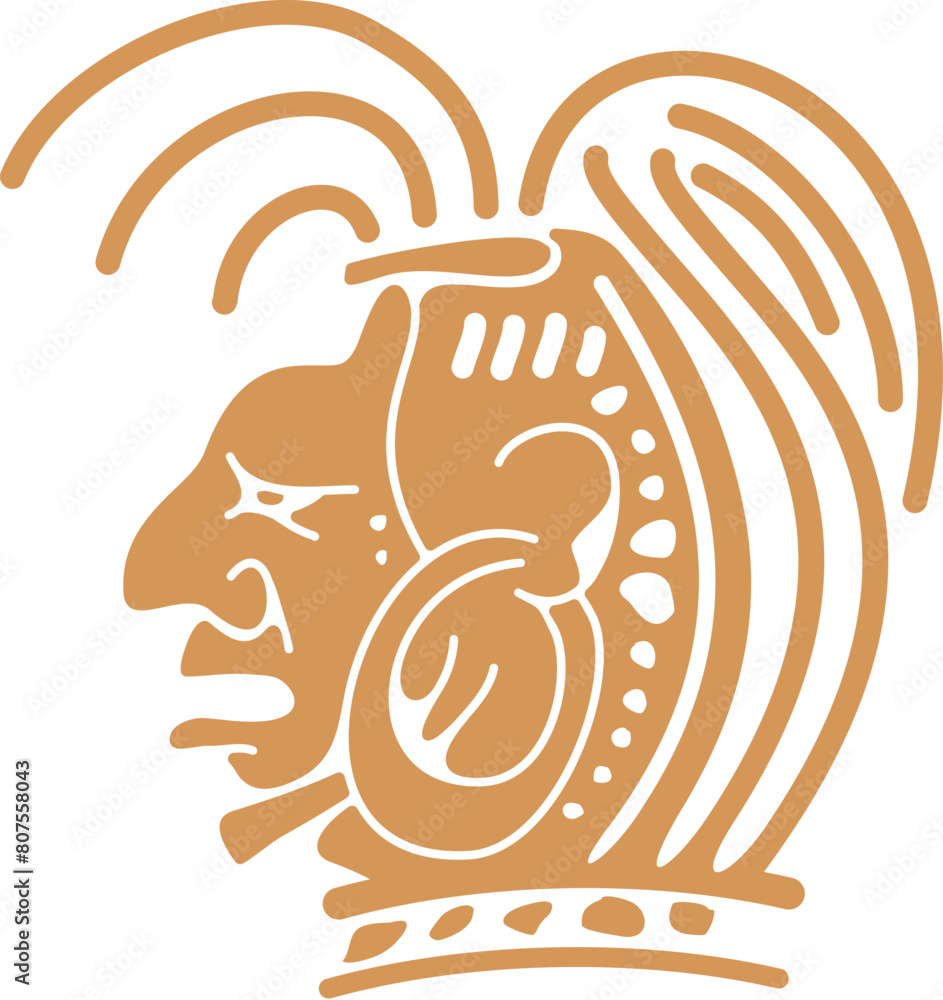 Mayan Aztec totem. Isolated vector ornate human head or face profile with earring. Mysterious tattoo, ancient Mesoamerican culture, religious spiritual symbol of intellect and ancestral wisdom Mayan Aztec totem. Isolated vector ornate human head or face profile with earring. Mysterious tattoo, ancient Mesoamerican culture, religious spiritual symbol of intellect and ancestral wisdom