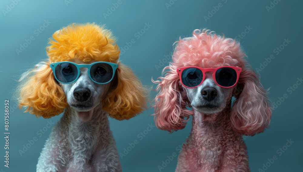 Two poodles with different hair colors, one orange and the other pink, both wearing sunglasses on a plain background. Created with Ai