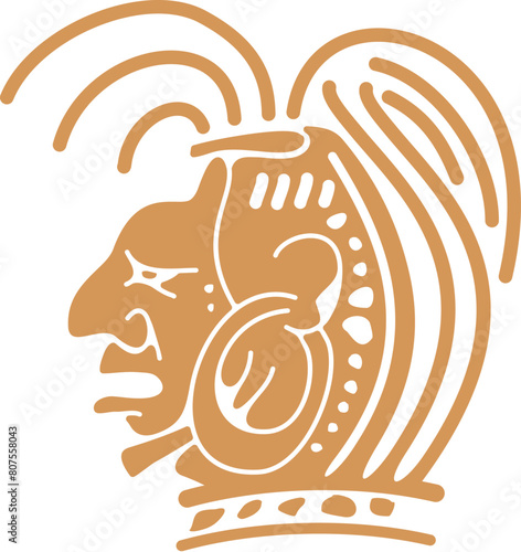 Mayan Aztec totem. Isolated vector ornate human head or face profile with earring. Mysterious tattoo, ancient Mesoamerican culture, religious spiritual symbol of intellect and ancestral wisdom
