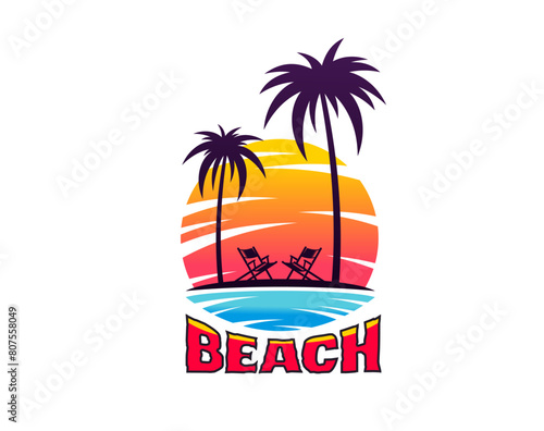 Tropical paradise resort  summer beach icon with palm trees and sunset sky  vector summer vacation  travel and tourism. Tropical island beach with blue sea waves  chairs and coconut palm silhouettes